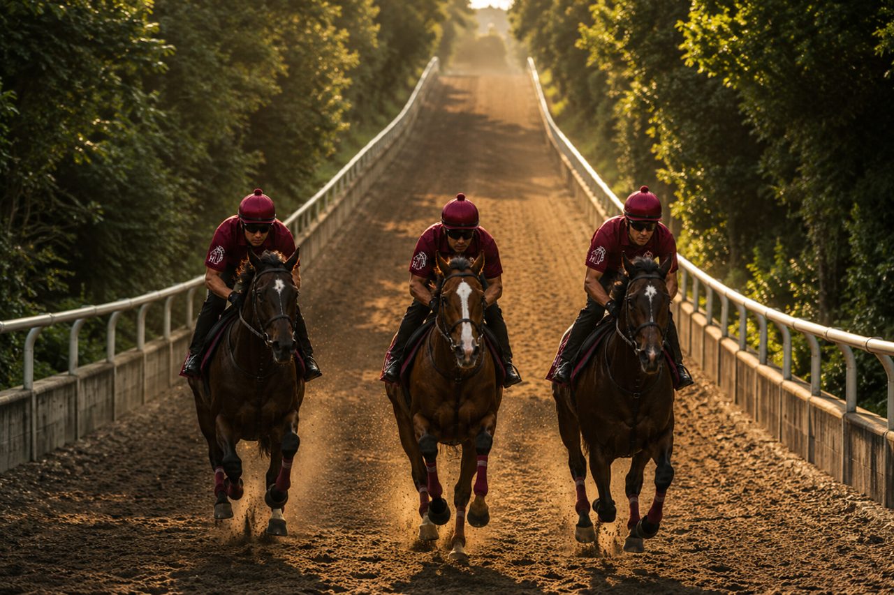 坂路で併走する競走馬の調教イメージ