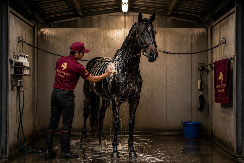 洗い場で馬の体を洗うスタッフ