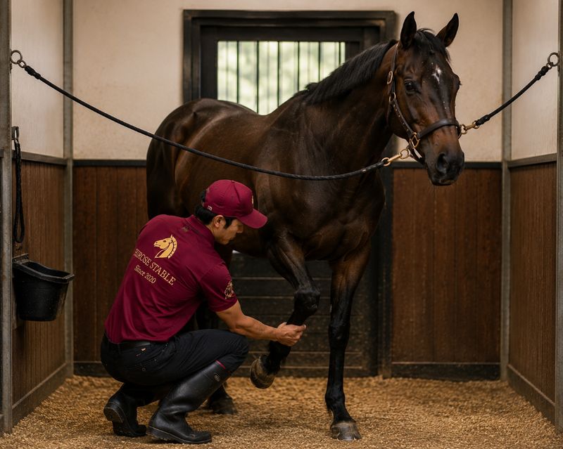 スタッフが馬の脚元を確認するケアのイメージ