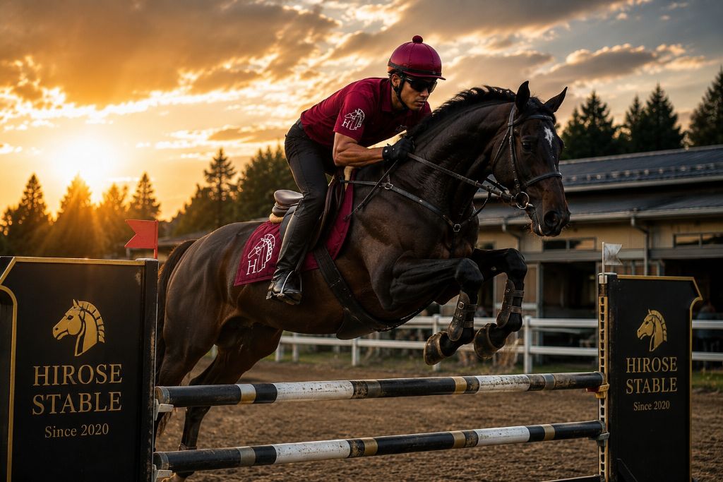 障害を飛越する馬と騎乗スタッフ
